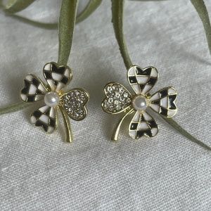 🌟Buy 2 Pairs, Get One Free, NWT Black and White 14K Gold-Plated Clover Earrings